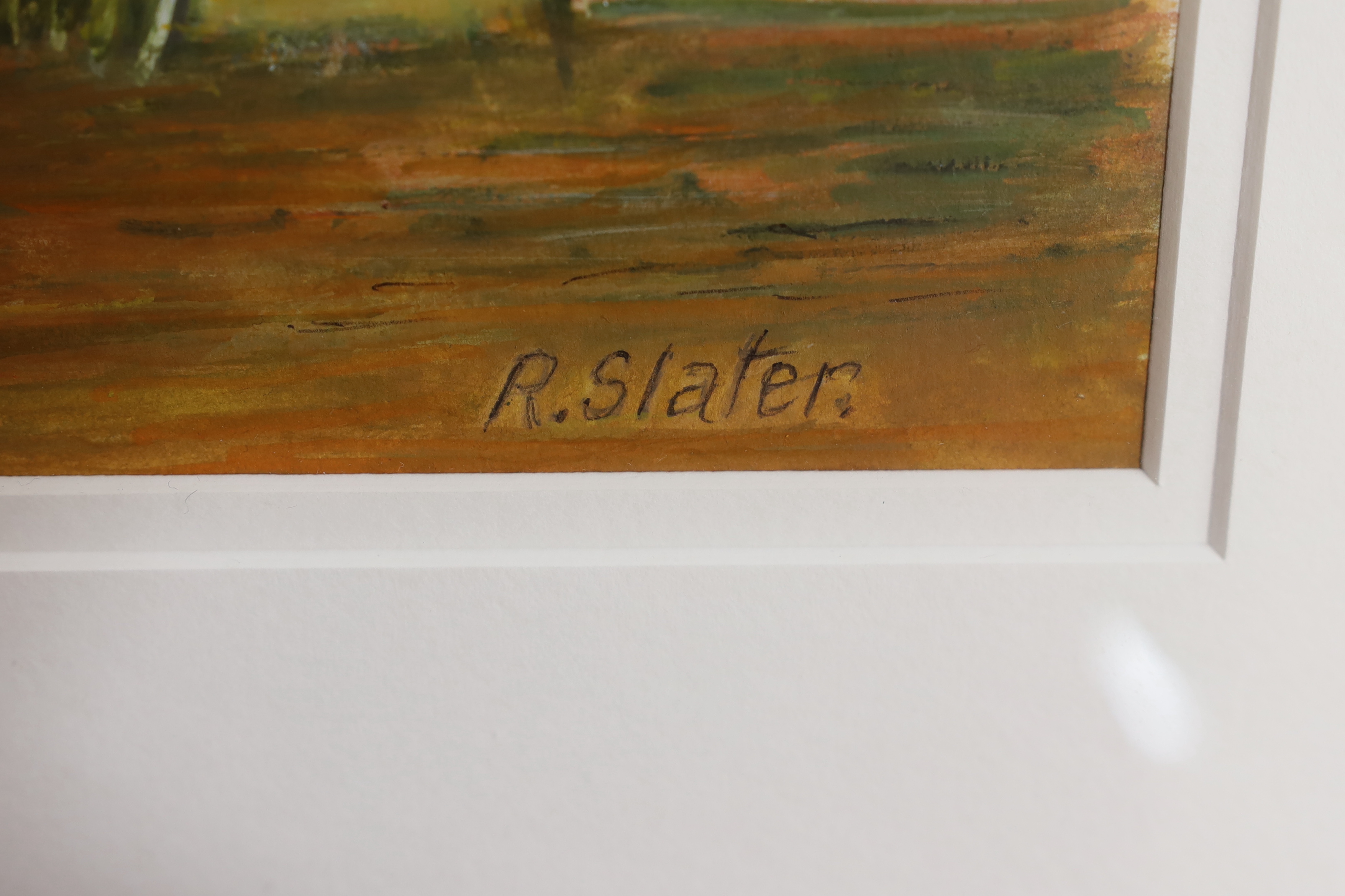 Richard Slater (b.1927), watercolour, 'The Edge of the Village', signed, with 2017 RI Exhibition label verso, 34 x 51cm